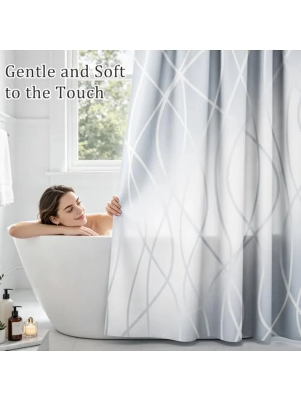 Ombre Light Blue Geometric Shower Curtain Set with Hooks - Modern Minimalist